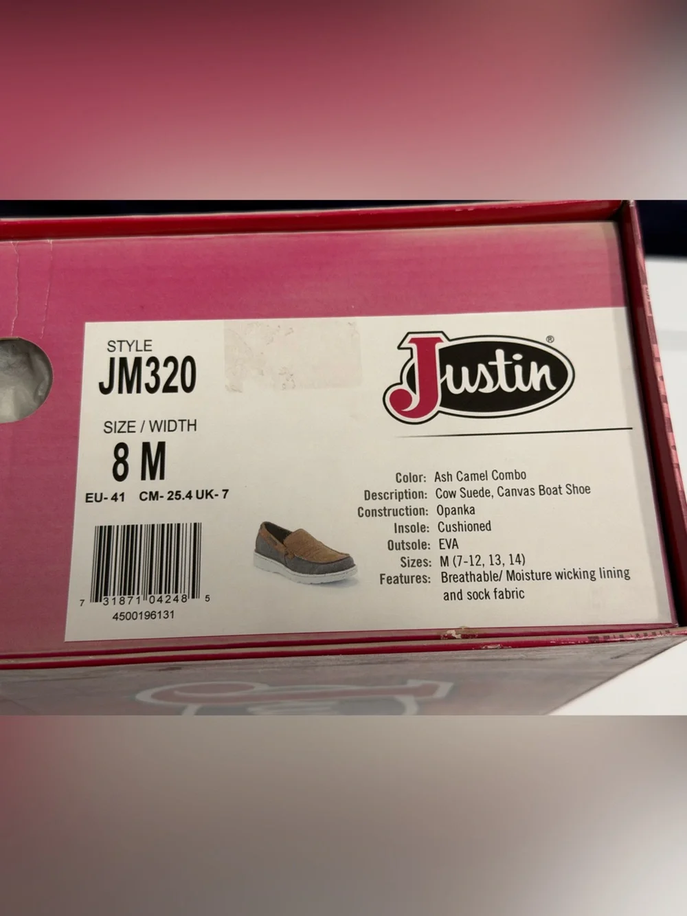 NWT Justin Boots MEN'S JUSTIN WALKER ASH BROWN BOOTS, Size 8